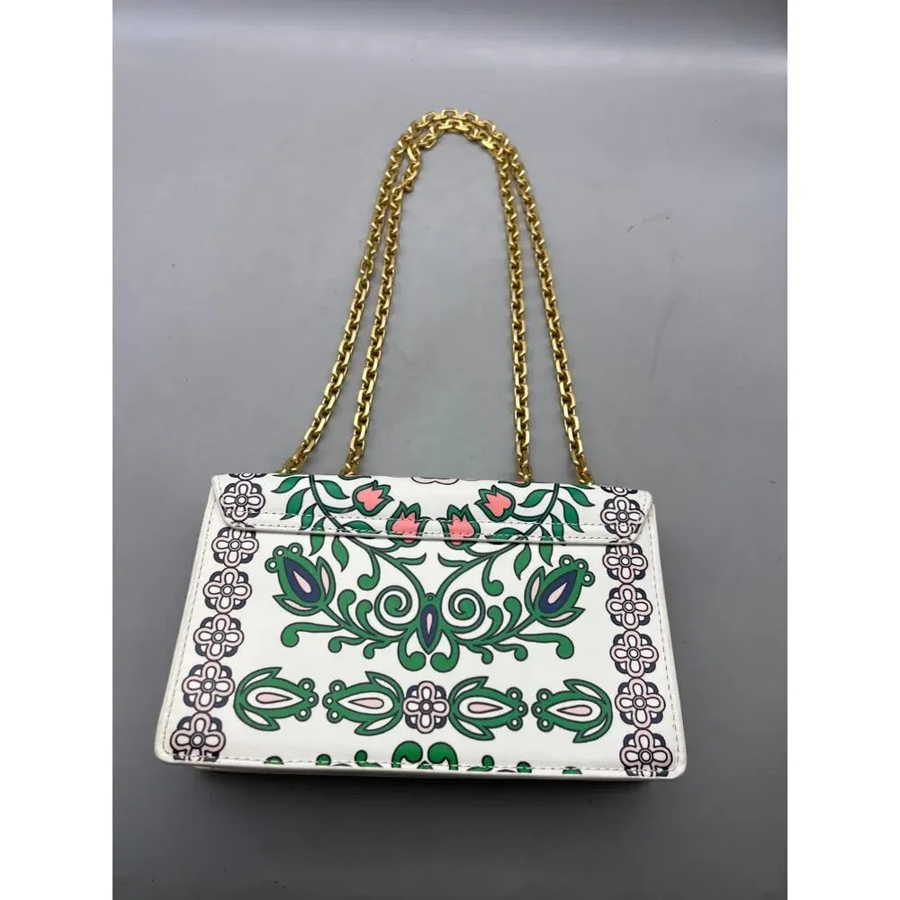 $625 Tory Burch White Garden Party Gemini Link Tri-Fold Leather Shoulder Bag